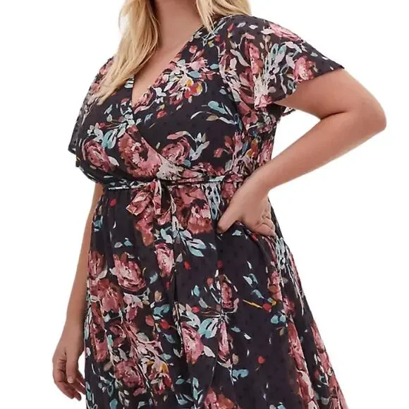 Torrid Faux Wrap High Low Midi Dress Size 2X Swiss Dot Floral Flutter Sleeves - Picture 16 of 16